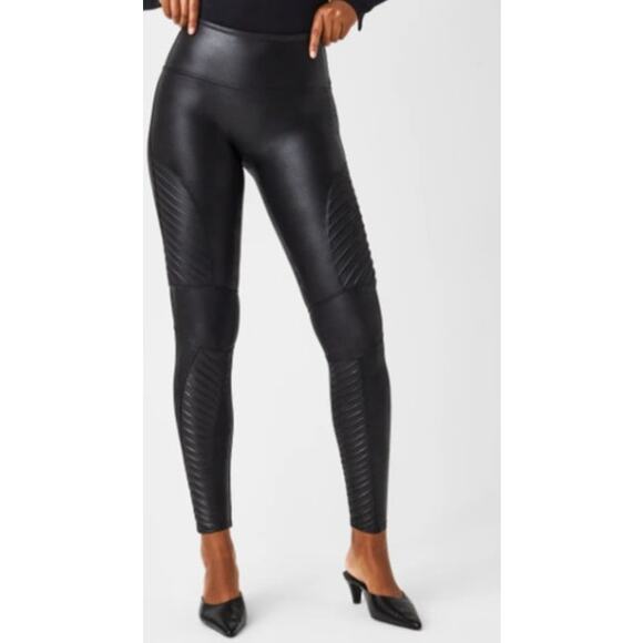 Spanx Faux Leather Moto Leggings High Waisted Ankle Length Black Size Medium - Picture 1 of 11